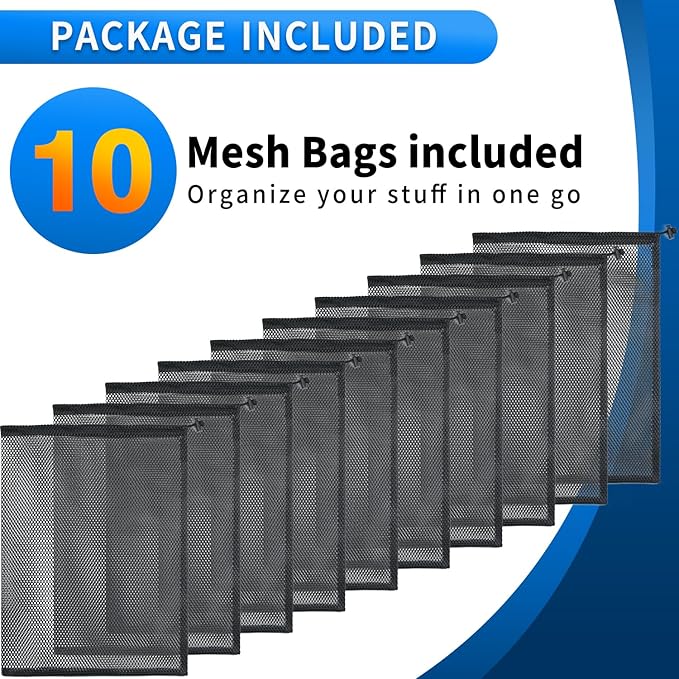 10 Pcs Mesh Drawstring Bag 12" x 16" with Cord Lock Closure, Heavy Duty Nylon Durable Mesh Bag for Laundry Swimming Gym Travel Beach Toys Mushroom Foraging (Black)