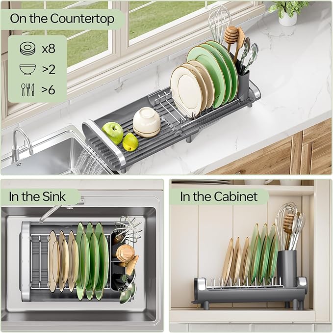 TOOLF Small Dish Drying Rack, Mini Expandable Compact Dish Rack, Slim Extendable Stainless Steel Dish Drainer for Kitchen Plate Storage, Space Saving Dish Strainer in Sink or on Home Countertop, Gray