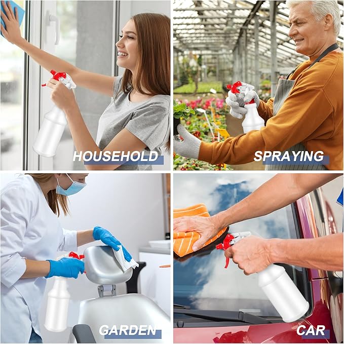 Eccliy 20 Pack 16oz Empty Spray Bottles, Leakproof Cleaning Bottles with Measurement and Adjustable Nozzle for Housekeeping, Commercial Use(White Cylinder Without Measurement,Red White)