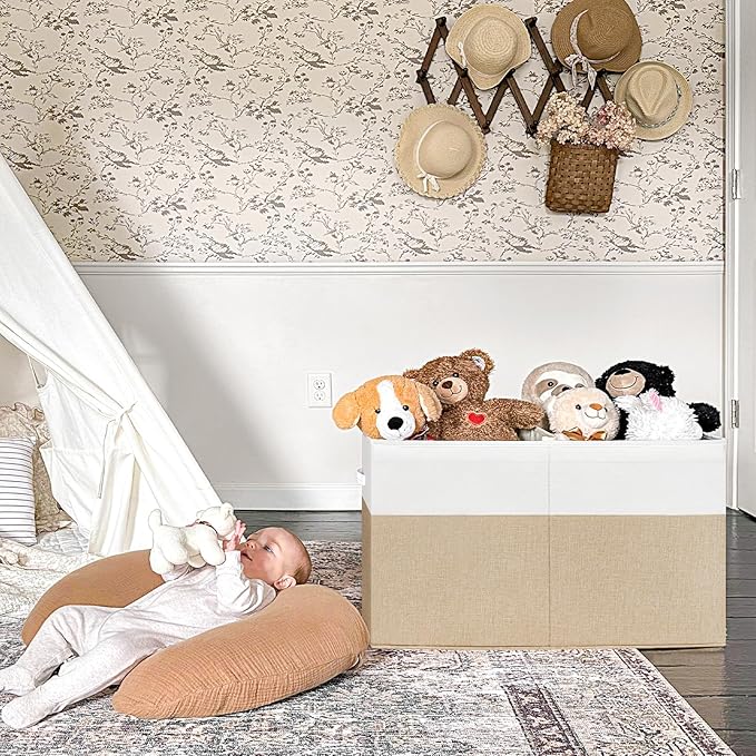 INDRESSME 25"x13"x16" Toy Box Toy Storage Organizer with Lid Collapsible Sturdy Toy Chest, Foldable Toy Bin for Living Room, Playroom, Bedroom, Toy Baskets Storage Kids, Boys, Girls (Beige & White)