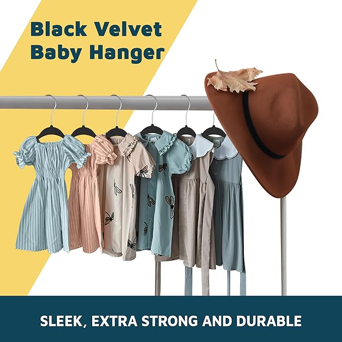 Black Velvet Kids Hangers 50 Pack, 10.83" Non-Slip Baby & Toddler Hangers for Clothes, Space-Saving Slim ABS Plastic with 360° Swivel Hook & Notched Shoulders, Up to 10 lb Capacity