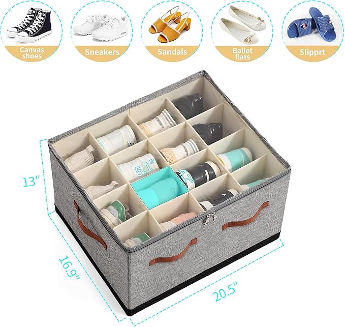 Shoe Organizer for Closet, Foldable Large Shoe Storage Box with Clear Cover, Removable Partitions and Bottom are Supported by Plastic Boards (Grey-Black, 20.5“Lx16.9 Wx13'H)