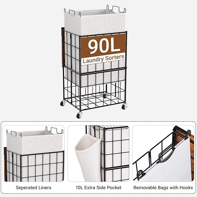 90L Laundry Basket with Wheels, Large Capacity Laundry Hamper with Removable Liner Bags, Heavy Duty Laundry Sorter with Solid Wood Lid & Leather Handles (Beige) TLH001B01