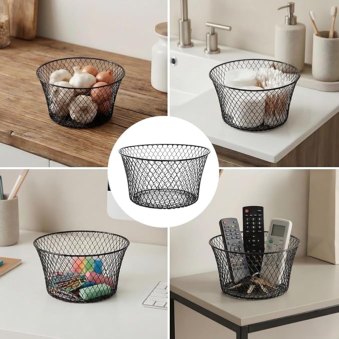 6 Pack Metal Wire Baskets for Kitchen Storage, Modern Black Countertop Fruit Bowl, Round Produce Organizer, Multi-Purpose for Fruits, Snacks, Breads