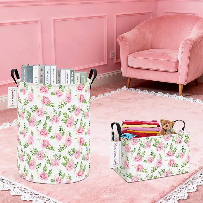 QUEENLALA Rectangular Laundry Hamper/Foldable Nursery Laundry Basket for Organizing/Storage Bin Baskets/Children Toy Office Bedroom/Toy Bin Closet Shelf Baskets (Rec-Pink roses)
