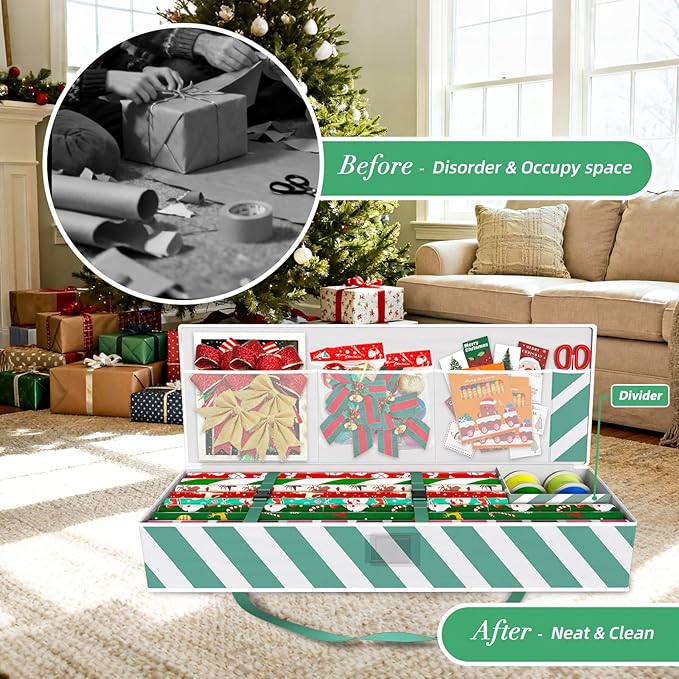 Safana Wrapping Paper Organizer Storage Bag, 42" Durable 600d Oxford Wrapping Organizer Box Under Bed Storage Containers for Decorations Paper Rolls, Ribbons, Balls, Bows (Green Stripe)