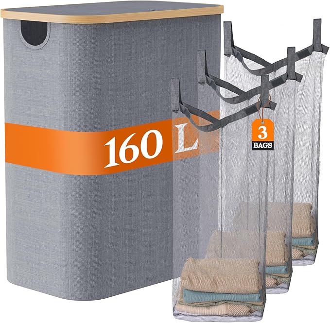 160L Foldable Laundry Baskest with Lid, 3 Section Extra-large Laundry Hamper with Removable Bags and Bamboo Handles for Bathroom, Bedroom & Laundry Room, Grey