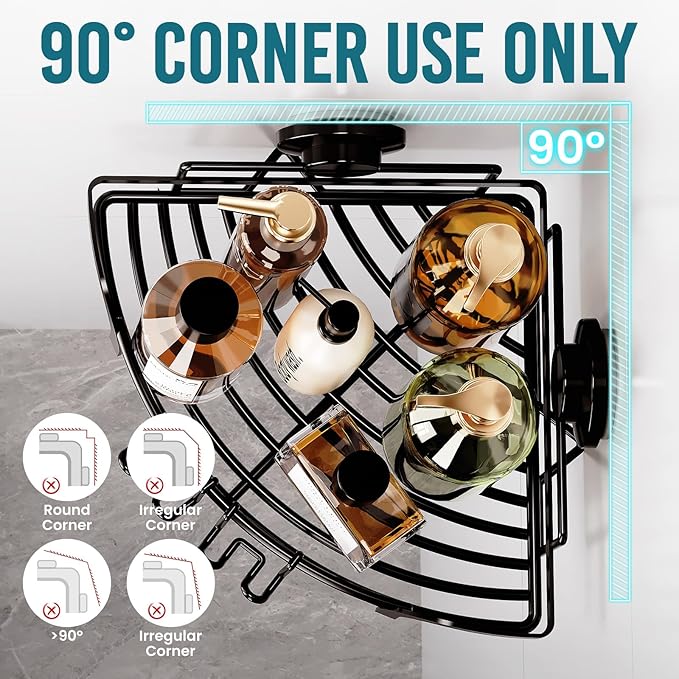 TAILI Powerful Suction Cup Corner Shower Caddy 2 Pack, Stainless Steel Rustproof Shower Shelf with Hook, Drill-free Wall Mounted Basket, Large Capacity Removable Suction Cup Bathroom Organizer, Black