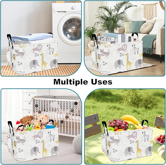 FANKANG Storage Bins, Nursery Hamper Canvas Laundry Basket Foldable with Waterproof PE Coating Large Storage Baskets for Kids Boys and Girls, Office, Bedroom, Clothes,Toys(Rec-Lovely Animals ）