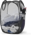 TECHMILLY Upgraded 105L Collapsible Mesh Pop Up Laundry Hamper with Sturdy Handles and Side Pocket - Portable Foldable Clothes Baskets for Dorm, Bathroom & Travel Storage (Black Plus)
