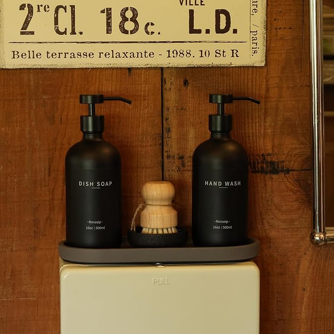Set of 5 Kitchen Soap Dispenser Set 16 Oz Glass Hand Dish Soap Dispenser with Stainless Steel Pump, Cement Tray, Dish Scrub Brush for Farmhouse Rustic Home Bathroom Decor (Black)