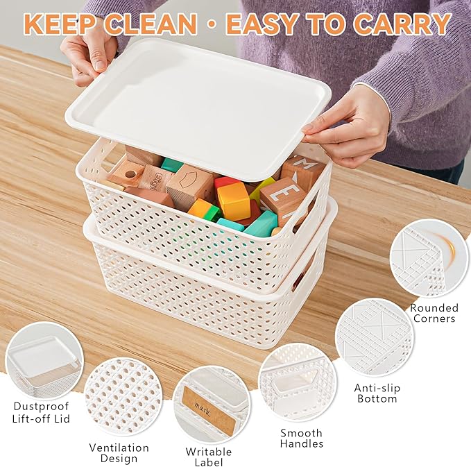 10 Pack Plastic Storage Bins with Lids, Stackable Plastic Storage Baskets for Organizing with Handles, Organizer Bins with Labels for Room, Craft, Containers for Pantry Organizers and Storage