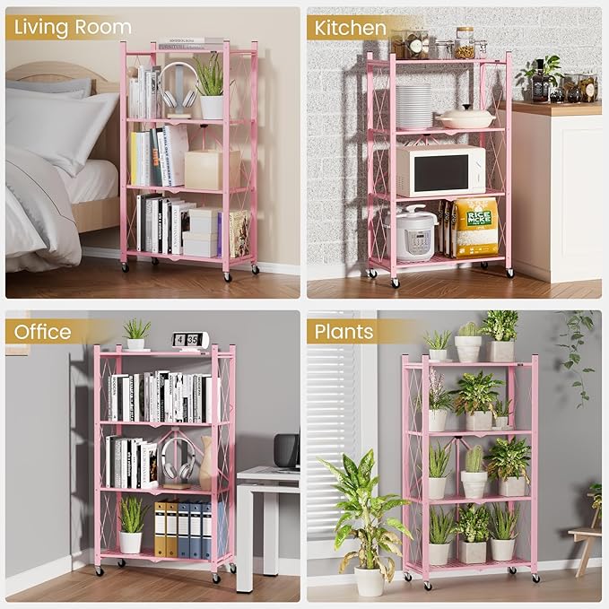 ALANNG Heavy Duty 4-Tier Folding Shelf with Wheels, No Tools Assembly Metal Storage Rack Cart, 264LBS Capacity for Kitchen, Pantry, Laundry Room, Garage, (Pink, 1PACK)