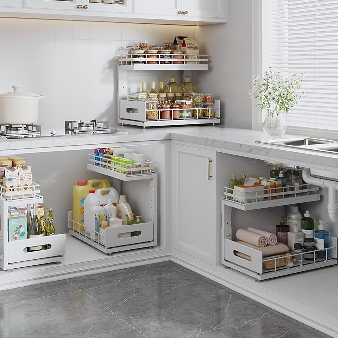 Under Sink Organizer Upgrade To Professional Rails,2-Tier Dual Pull Out Cabinet Storage,Height Adjustable Slide Out Drawers For Bathroom Kitchen,2 Pack-14.5"Dx12.8"-16.9"H,White