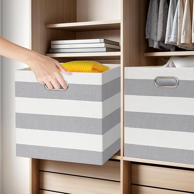 11x11 Cube Storage Bins, Collapsible Fabric Storage Cubes, Cubby Storage Organizer Bins Striped Container Baskets for Organizing Home Office Wardrobe Closet Shelf, Pack of 4, Gray/White