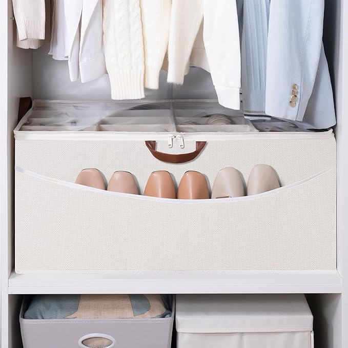STO STO Shoe Organizer for Closet, Fits Up to 16 Pairs, XL Shoe Box Containers with Adjustable Dividers, Clear Cover Shoe Storage Bins, Stackable Space Saving Shoes Holder for Shoes and Boots, Beige