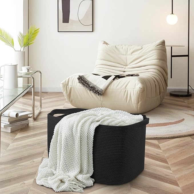 Extra Large Basket for Blankets, 23.6" x 17" x 12" Black Blanket Storage for Living Room, Big Cotton Rope Pillow Holder, Rectangle Kid Dog Toy Bin Box, Woven Laundry Basket, Shoe Bin Entryway