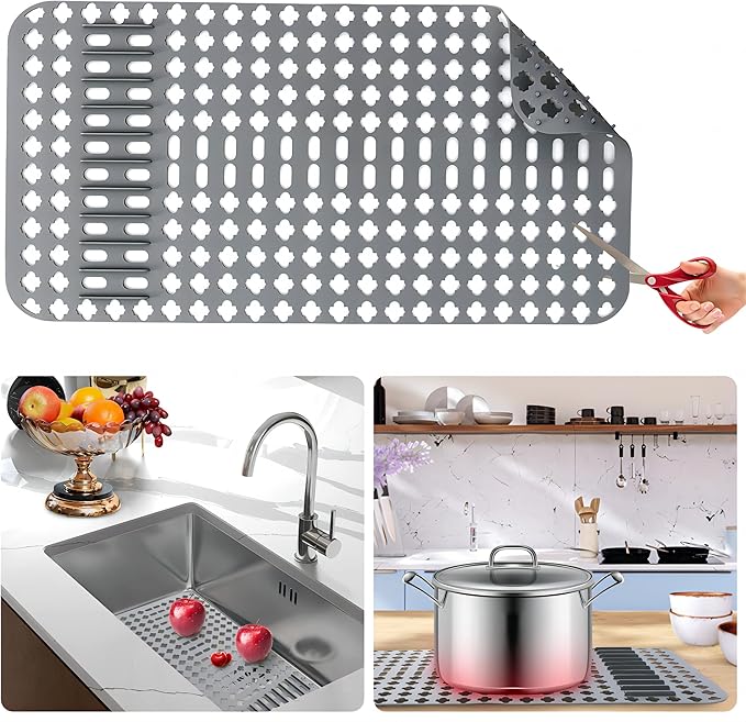 Kitchen Sink Mat, Sink Protectors for Kitchen Sink, DIY Silicone Sink Mat 28”x14” Non-Slip Folding Sink Grates for Bottom of Farmhouse Stainless Steel Porcelain Sink, Can Be Cut to Any Size Grey-1 PCS