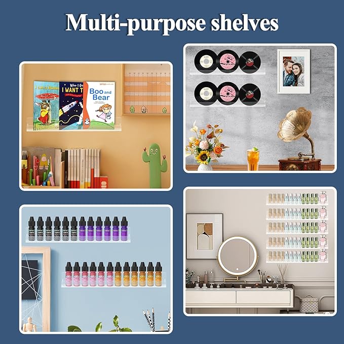 Nail Polish Shelf Wall 15 Inch Acrylic Clear Rack Sunglass Organizer Multi-Purpose Floating Shelves for Beauty Salons Retailer Dressing Room (12 PCs)