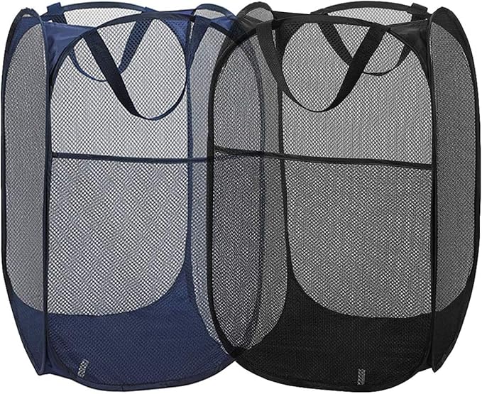 2 Packs Mesh Pop up Laundry Hamper (Black/Navy Blue) with Portable Durable Handles, Collapsible for Storage, Folding Pop-Up Clothes Hampers for Apartment, Home, College Dorm or Travel