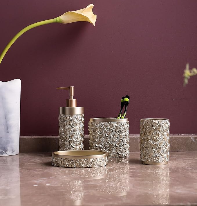 Hymmah Bathroom Accessories Set,Golden Design Toothbrush Holder,Farmhouse Bathroom Decor,4 Pcs Resin Gift Set Apartment Necessities, Contain Toothbrush Cup,Soap Dispenser,Soap Dish,Tumbler