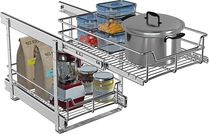 JOWBOOW 2 Tier Pull Out Cabinet Organizer (11" W x 22" D), Roll Out Shelves and Drawer for Kitchen Pantry Storage Basket, Heavy-Duty Metal Sliding Shelf