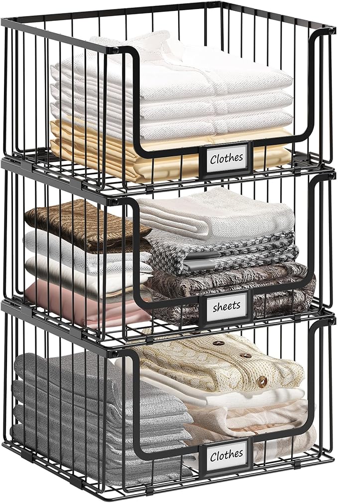 3-Tier Stackable Closet Organizers and Storage Shelves, Clothes Shelf Organizer Basket Bins for Closet Organizer System, Black