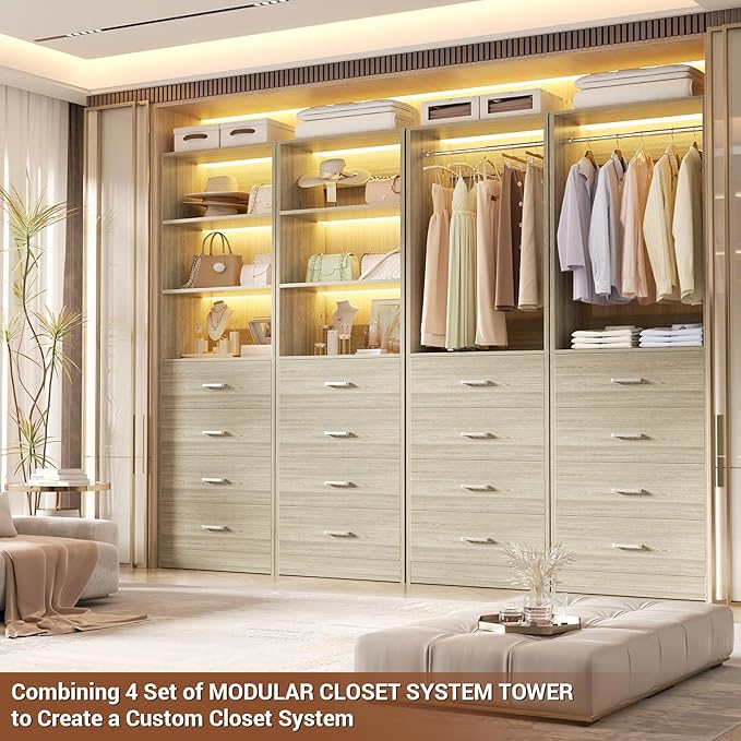 Aheaplus Closet Drawers Organizer System, 21.3" Wood Closet System with 4 Drawers, Modular Walk-in Closets Storage Unit, Tall Bookshelf Storage Cabinet, White Oak