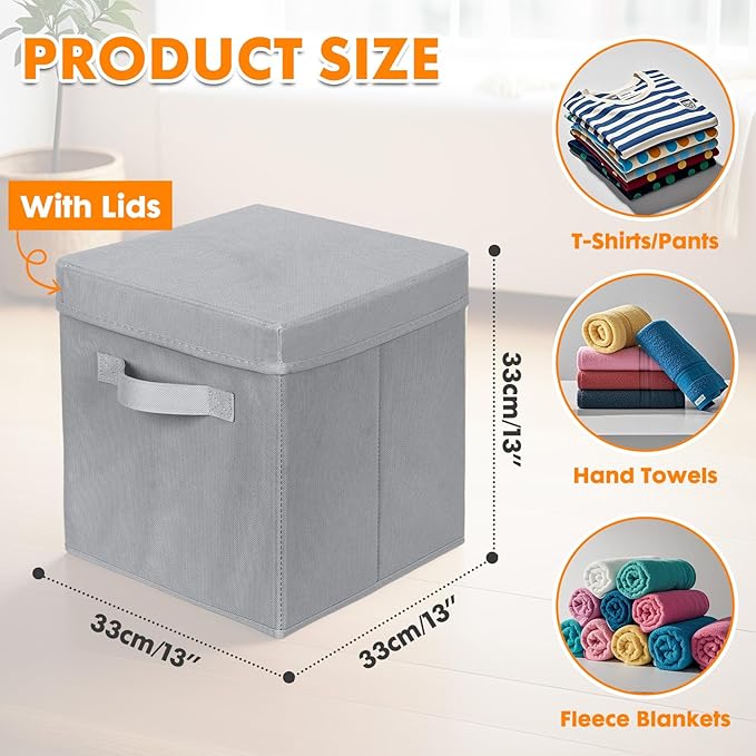 ShellKingdom Storage Bins, Foldable Fabric Storage Cubes with Lid, Clothes Storage Organizer Drawer For Closet Toys Storage, 13 X 13 X 13 INCH, 2 Pack (Grey)