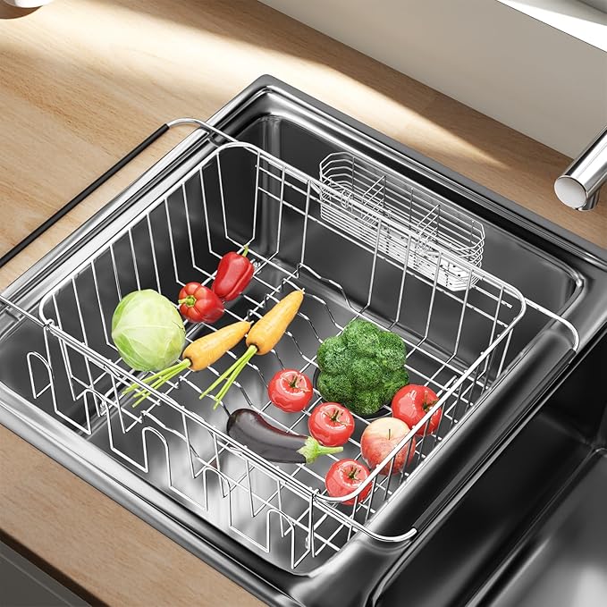 Dish Drying Rack in Sink, Extendable Stainless Steel Dish Drainers for Kitchen Counter, Anti-Rust Dish Dryer Rack with Utensil & Cup Holders, for Inside Sink, Over The Sink