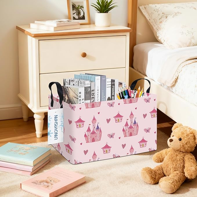 LANGYASHAN Rectangular Storage Bin Collapse Canvas Fabric Cartoon Storage Basket with Handles for Organizing Home Kitchen Boys and Girls Toys Office Closet Shelf Baskets (Rec Pink Castle)