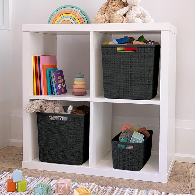 Curver Set of 4 Large Cube 17L Jute Decorative Plastic Organization and Storage Baskets - Perfect Bins for Home Office, Closet Shelves, Kitchen Pantry and All Bedroom Essentials, Black