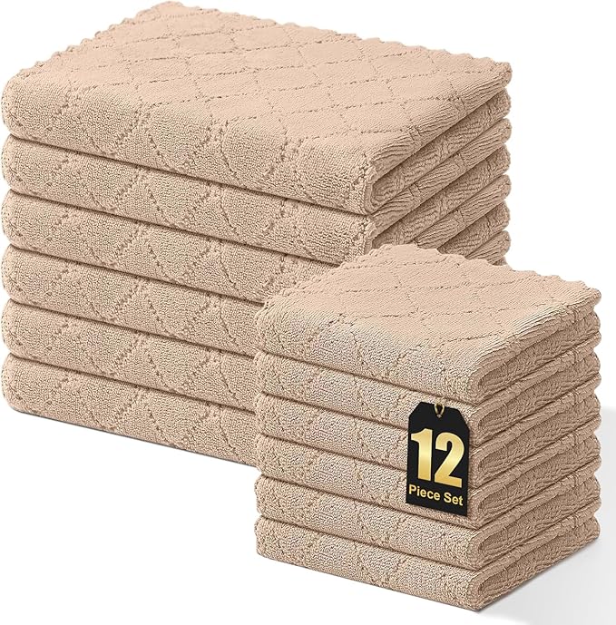 Homaxy Kitchen Towels and Dishcloths Set, 10 x 10 and 13 x 19 Inches, Set of 12 Super Soft and Absorbent Coral Velvet Kitchen Towels, No Lint and Nonstick Oil Fast Drying Dish Towel, Tan