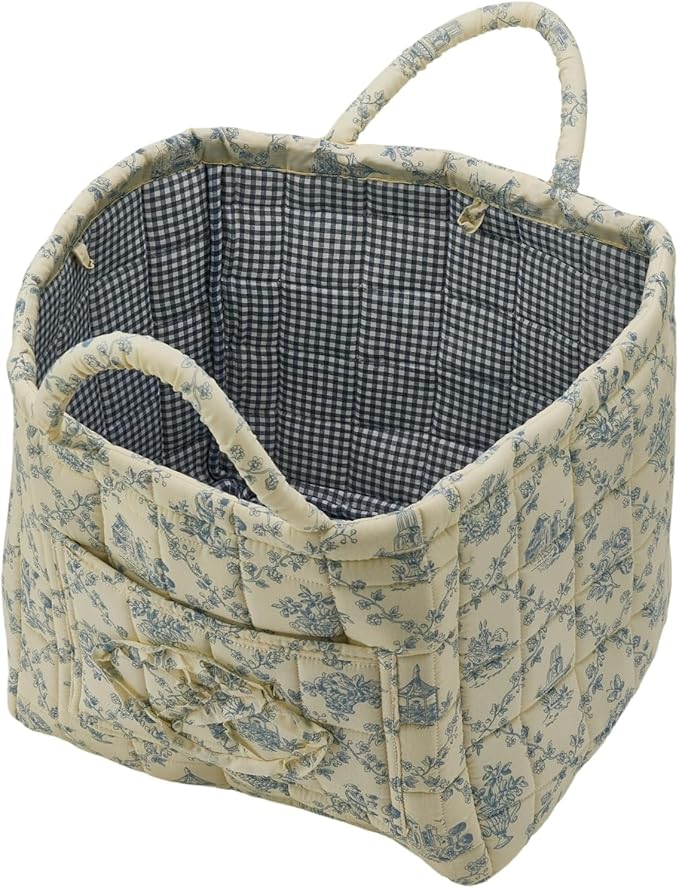 Quilted Fabric Storage Basket with Handles & Pocket, Foldable Laundry Hamper Boho Floral Print Organizer Bin for Home, Picnic, Office 12"x10"x10" (B-3)