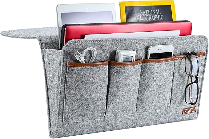 Zafit Bedside Caddy, Large Size Storage Organizer with 7 Pockets for Magazine, Remotes, Phone (17.3'' x 18.1'', Light Grey)