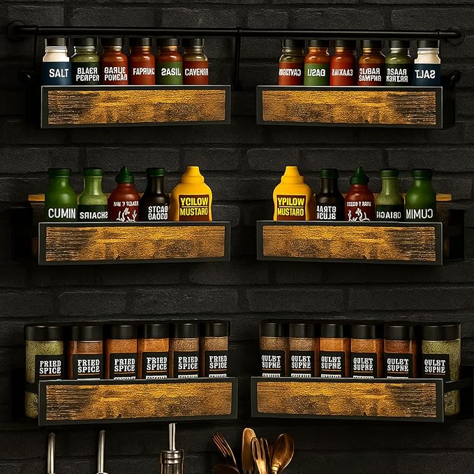 Spice Rack Wall Mount for Large Spice Jars, 6 Pack Ironwood Spice Organizer shelf for Rustic, Industrial and Modern Kitchens,Quick Adhesive Strips and Screws for Mounting (Engineered Wood)