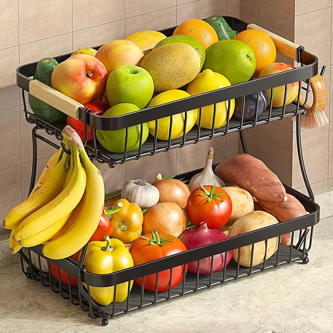 2 Tier Large Fruit Basket for Kitchen Counter with 2 Mobile Banana Hangers, 2026 Pro Detachable Metal Fruit Bowl with Wooden Handle, Fruit Holder for Bread Snack Veggies with Protective Mats
