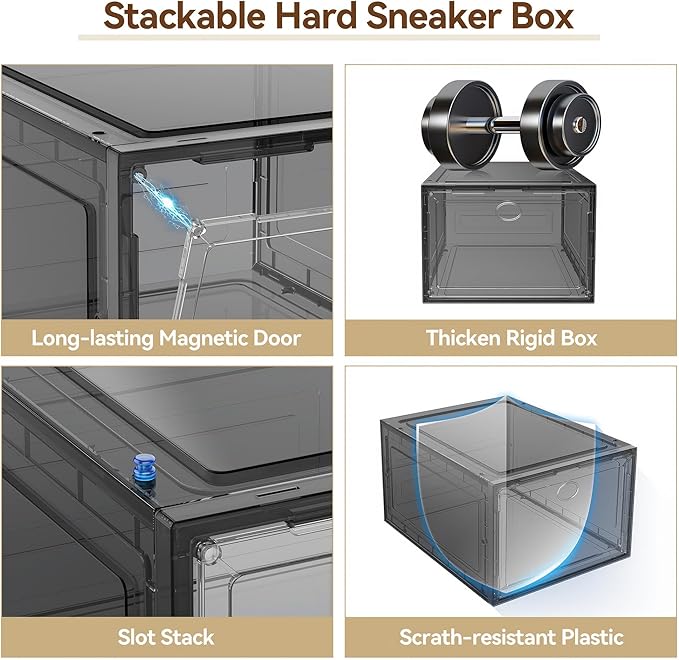 Katoora XX Large Clear Shoe Storage Box Organizer for Closet, 9 Pack Thicken Hard Plastic Stackable Shoe Sneaker Rack Display Case Container Bins Organizer, Easy Assembly, Grey