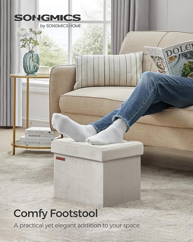 SONGMICS Storage Ottoman, Foldable Small Ottoman Foot Rest, 12.2 x 16.1 Inches Foot Stool, OAD up to 286 lb, for Living Room, Bedroom, Dorm, Cream White ULSF200W01