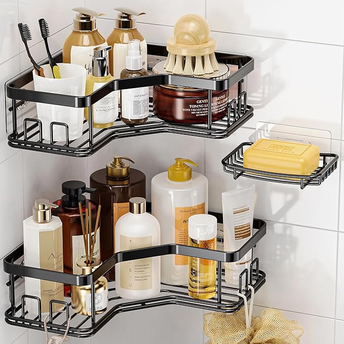 MAXIFFE 3 Pack Corner Shower Caddy with Soap Holder, Large Capacity Sturdy Easy Install No Drilling Stainless Steel Hold 40 LBS Shower Organizer Shelves Rack Storage for Family Renters Bathroom, Black