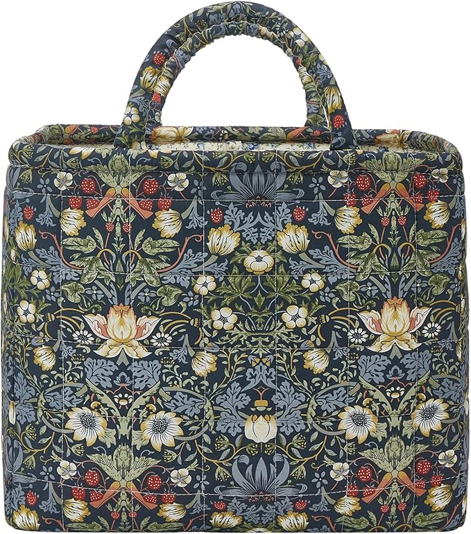 Quilted Fabric Storage Baskets with Handles, Boho Floral Gift Basket Foldable Organizer Bin for Home Decor, Picnic, Travel 12''x10''x10'' (Blue)