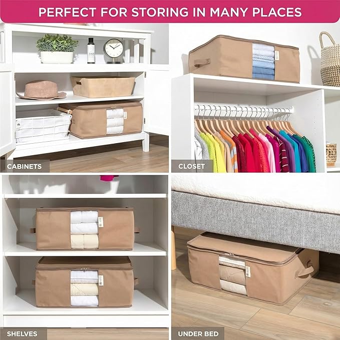 Cedar Storage Bag Organizer for Bedding Set - Protects from Moths, Moisture, Dirt & Dust - Set of 3 Storage Bags for Bed Sheets, Comforter, Pillows & More - Space-Saving Bedding Organizer, Beige