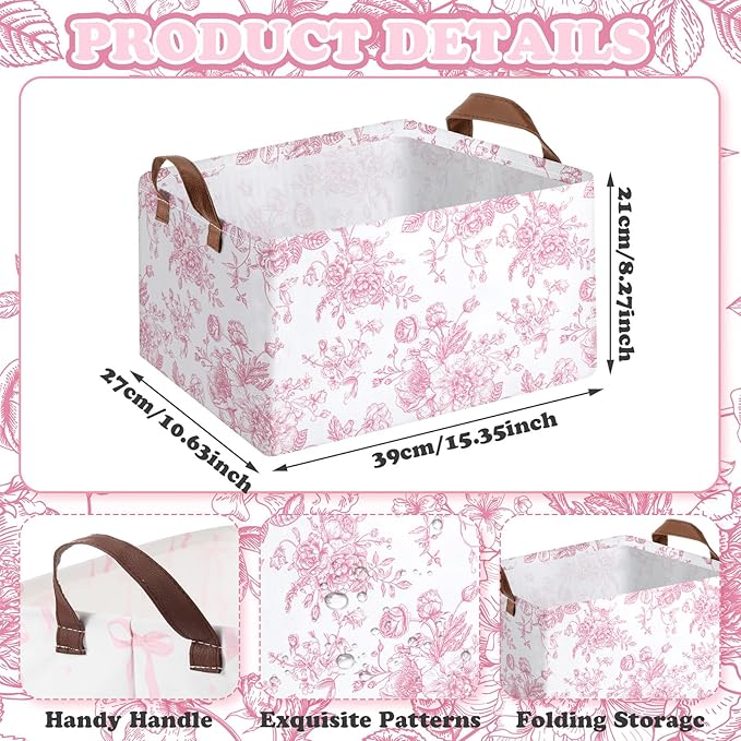 Boao 3 Pcs Pink Bow Storage Bin Coquette Collapsible Large Storage Baskets for Gifts Empty Candy Holiday Decor Canvas Laundry Basket Foldable Box with Handle for Office Home Bedroom Clothes