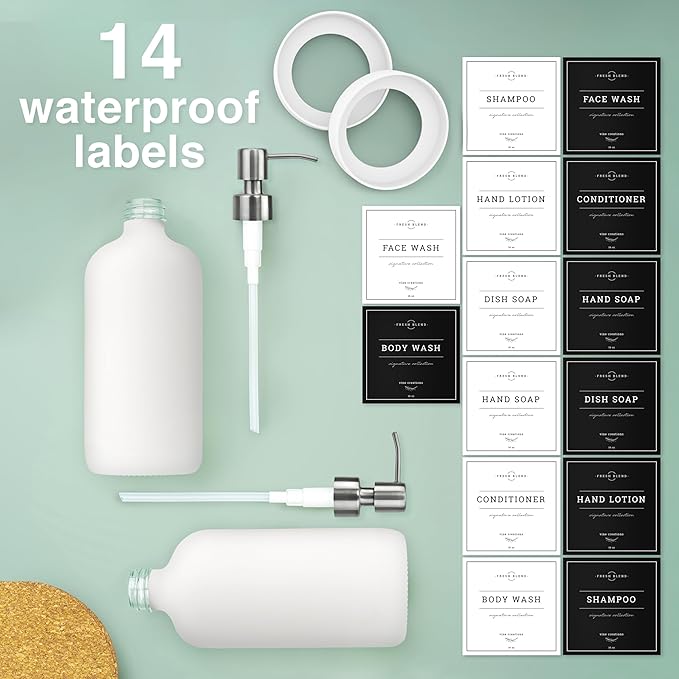 Vine Creations White Glass Soap Dispenser, 2 Pack Kitchen Soap Dispenser Set with Stainless Steel Pump, 16 oz Dish Soap and Hand Soap Dispensers for Bathroom with Waterproof Labels