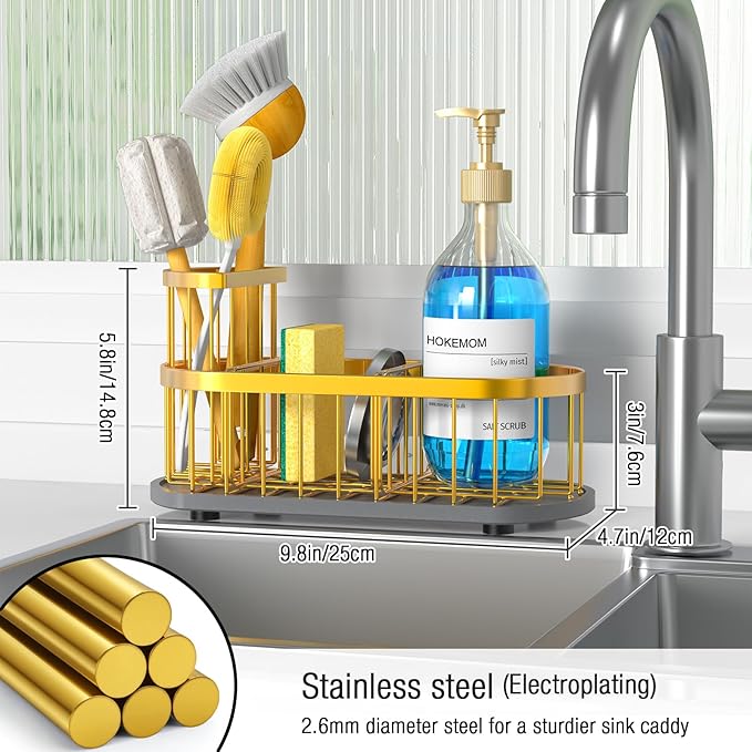 LARGE Kitchen Sink Caddy Organizer,[FLEXIBLE PLACEMENT & FAST-DRYING] Sponge Holder for Kitchen Sink Countertop with High Brush Holder-Rustproof 304 Stainless Steel-9.84"L x 4.72"W x 5.83"H
