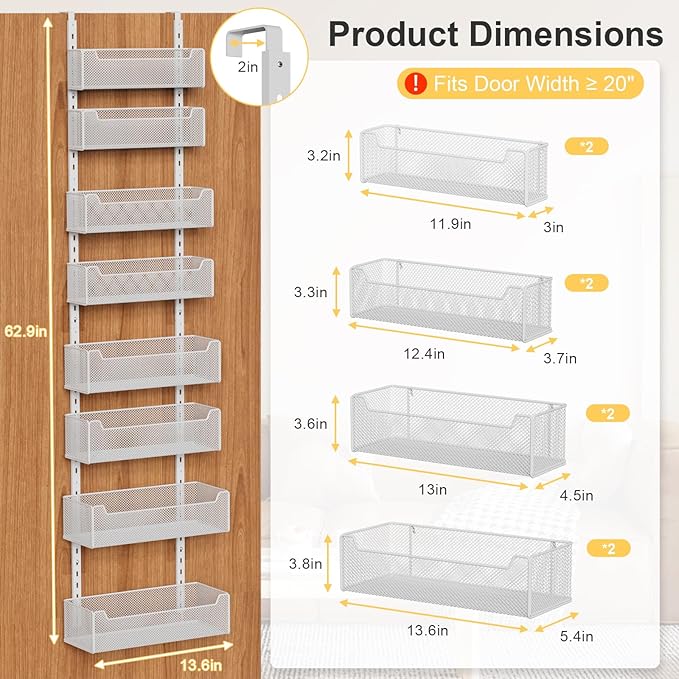 Over the Door Organizer, 8-Tier Pantry Organizer with Fully Enclosed Mesh Baskets, Heavy-Duty Metal Hanging Spice Rack for Kitchen Bathroom Laundry Room, 2-in-1 Wall Mount or Door Mount, White