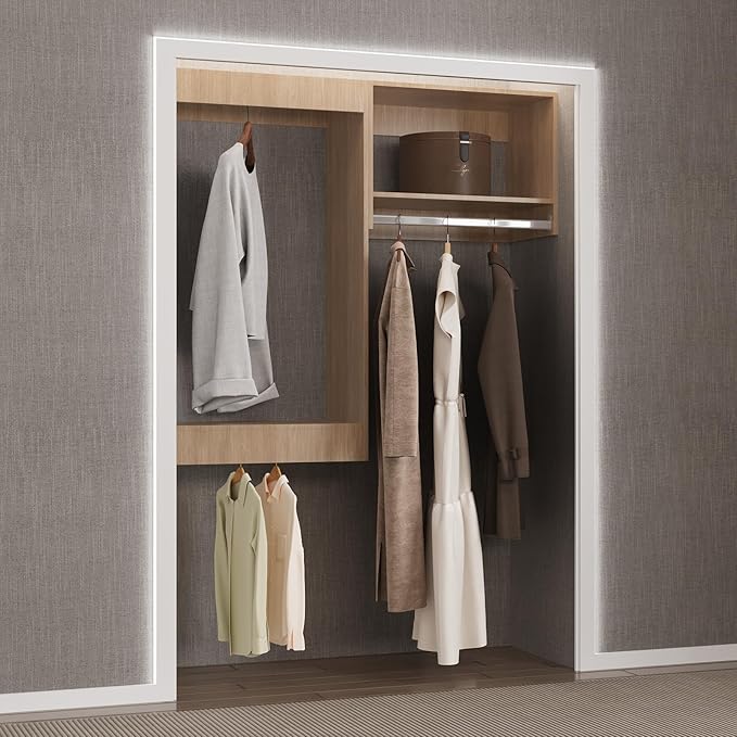 Modular Closet System, 43" Wide Closet Organizer System with Hanging, Wood Tower Closet Storage for Walk In Closets, Wall Mounted Wardrobe Organizer Kit System, Bedroom, Wood