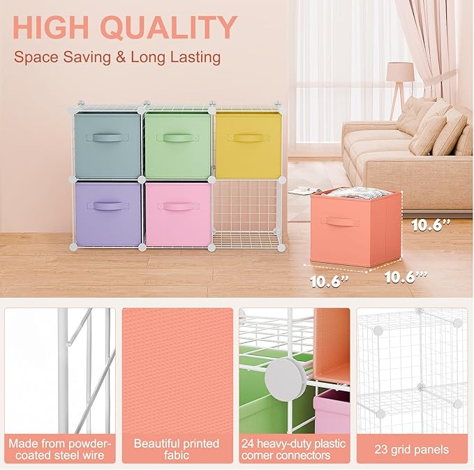 Leinuosen 6 Cube Storage Organizer with Fabric Bins, Wire Grid Stackable Shelves, Drawer Closet Organizer, Modular Storage Units for Bedroom Living Room Office Clothes Toys Crafts(White,Fresh Color)