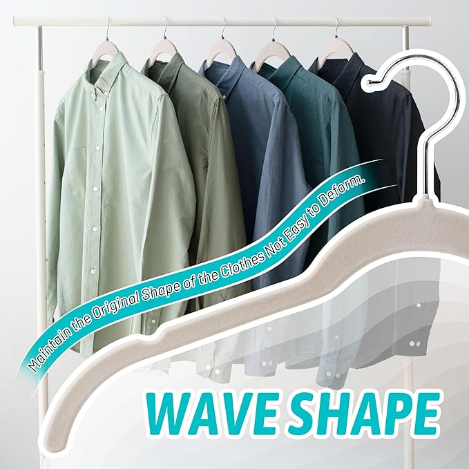 Sishynio Premium Velvet Shirt Hangers 50 Pack, Non-Slip 360° Swivel Hook Slim Flocked Coat Hanger, Space Saving Felt Hanger for for Tank Top, Blouses, Strappy Dresses(Beige)