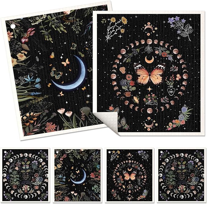 6 Pack Swedish Dishcloths for Kitchen - Reusable Dish Cloths for Washing Dishes Absorbent Cute Funny Kitchen Towels Cleaning Sponge, Moon Butterfly